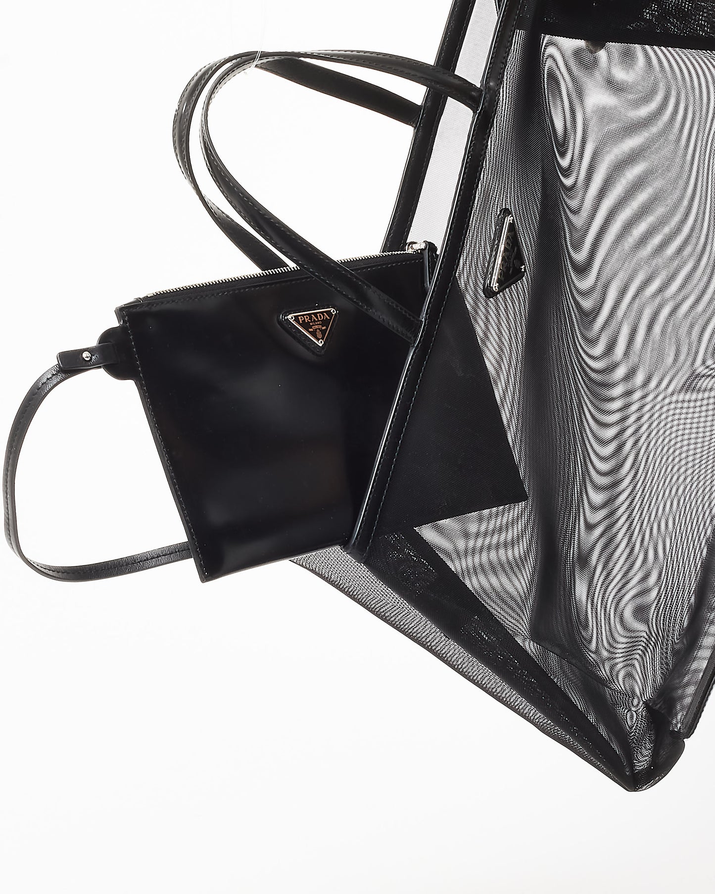 Prada Black Mesh 
Leather Tote Bag W/ Pouch Insert