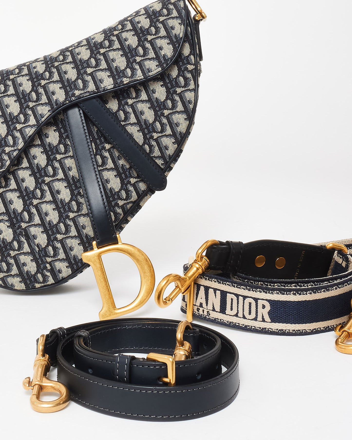 Dior Blue Oblique Canvas Saddle Bag W/ Adjustable Logo Strap 
Leather Strap