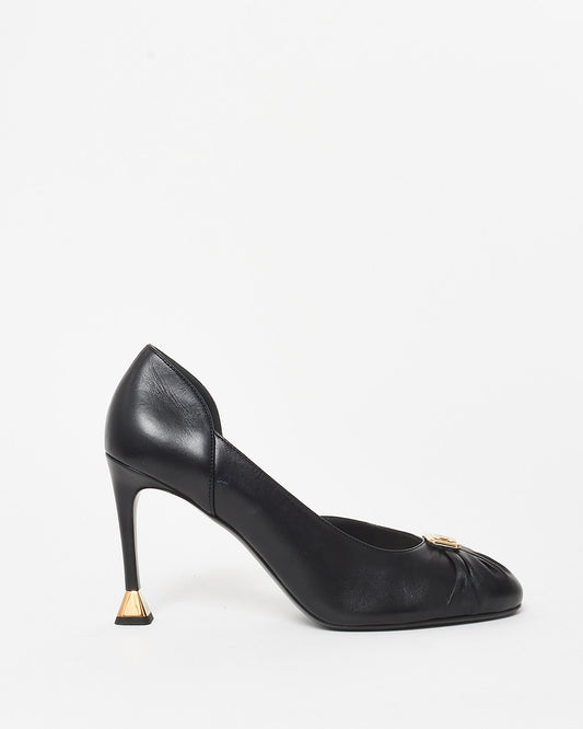 Chanel Black Leather Gold Logo Ruched Toe 
Logo Heel Pumps - 41