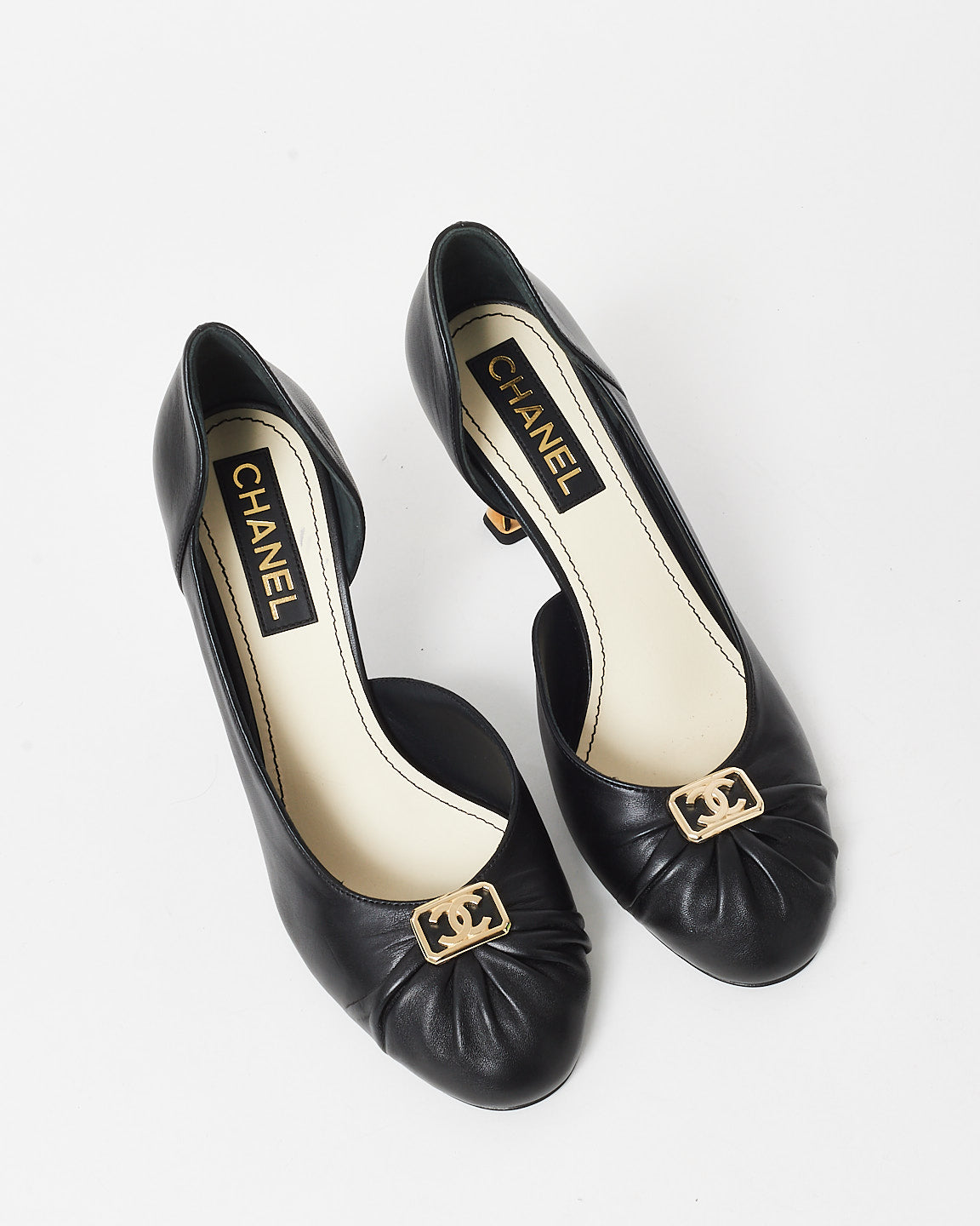 Chanel Black Leather Gold Logo Ruched Toe 
Logo Heel Pumps - 41