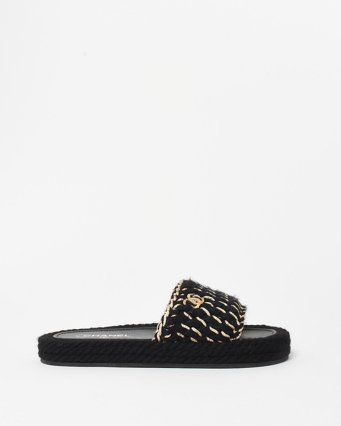 Chanel Black Braided Knit Tweed Metallic Logo Slides - 41