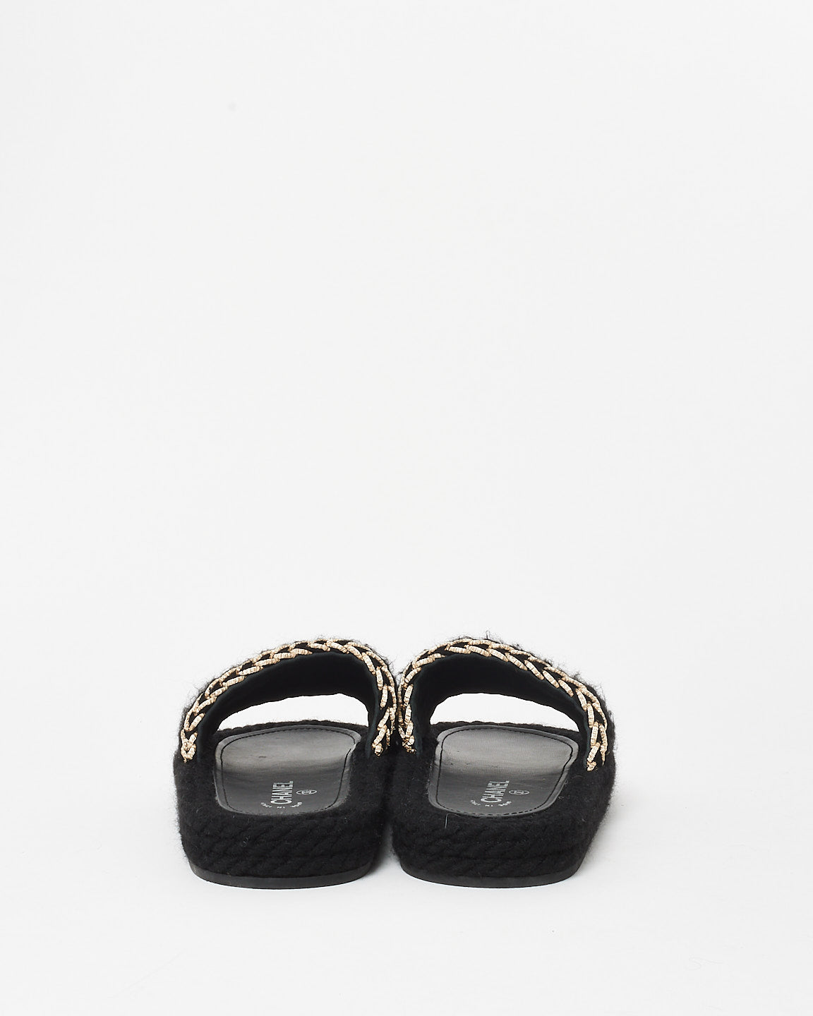 Chanel Black Braided Knit Tweed Metallic Logo Slides - 41