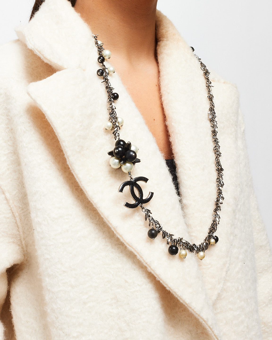 Chanel Black 
White Faux Pearl Silver-Toned Chain Flower CC Logo Long Necklace