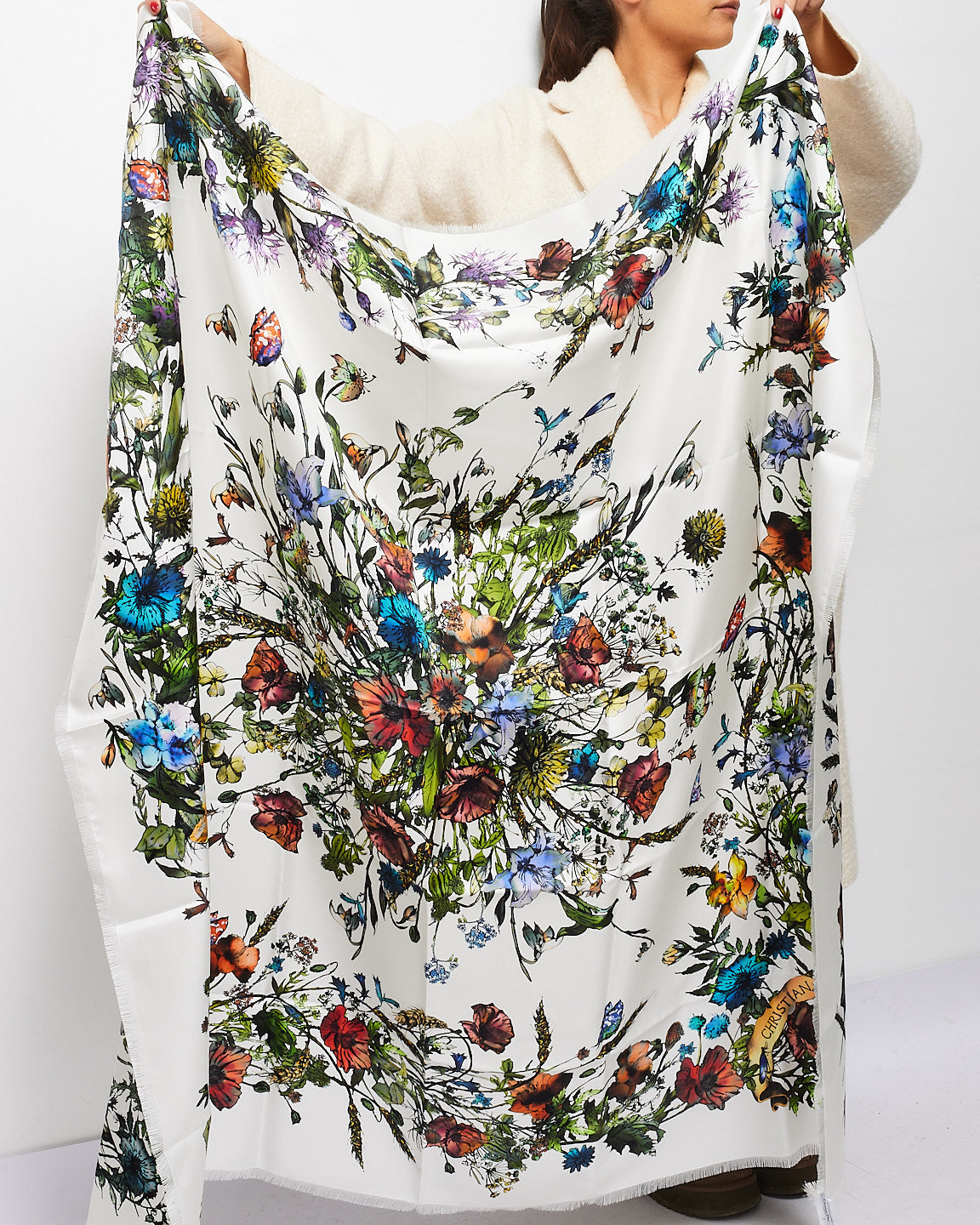 Dior White 
Multi Floral Silk D-Millefiori Scarf