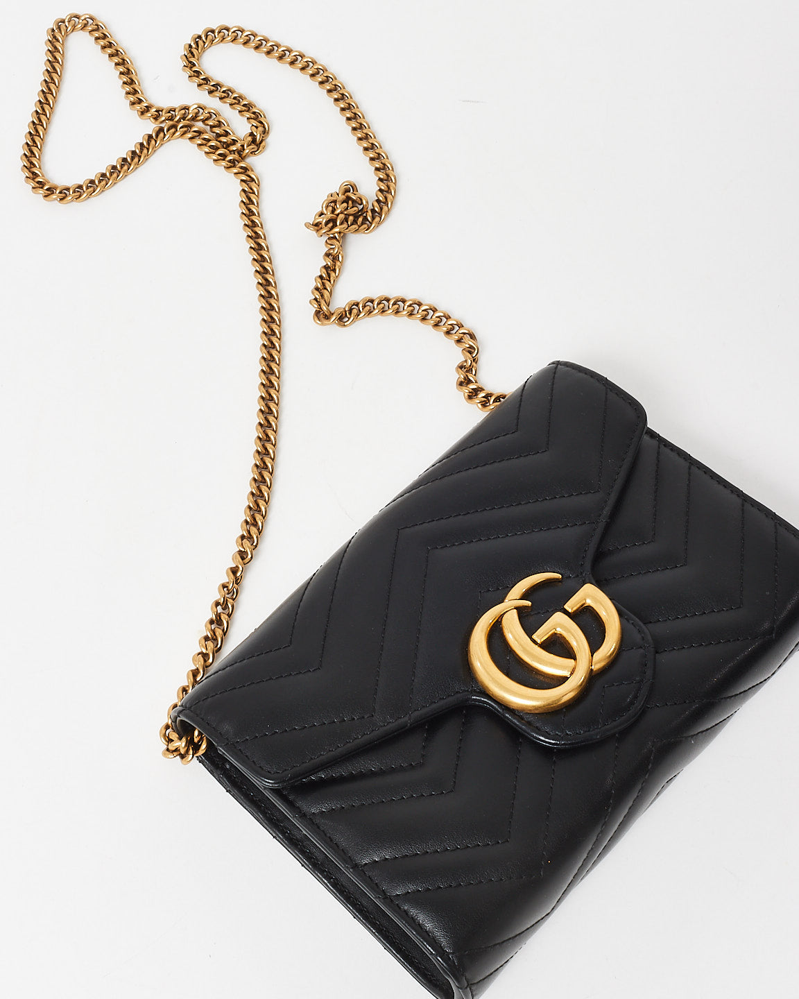 Gucci Black Chevron Leather GG Marmont Wallet On Chain