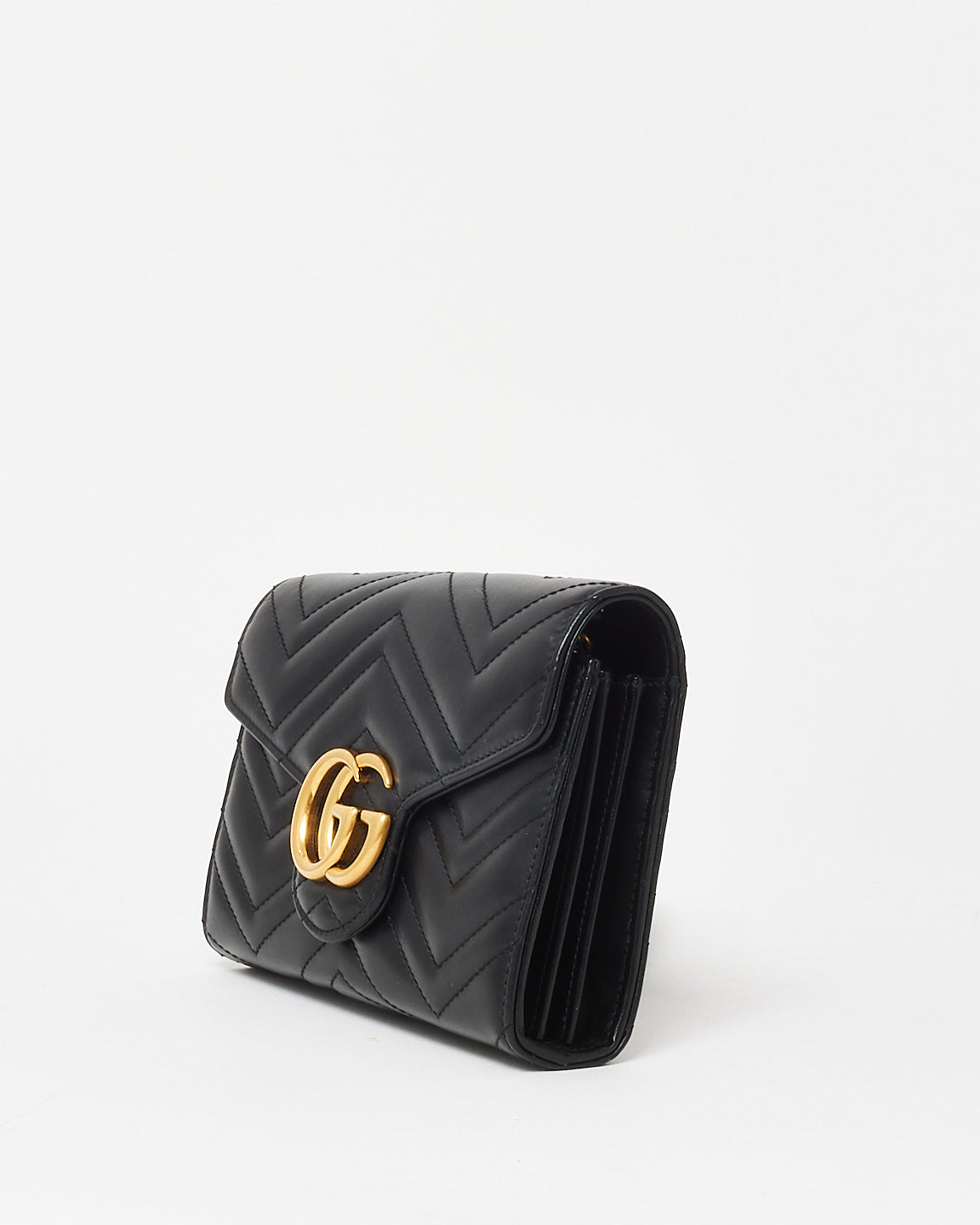 Gucci Black Chevron Leather GG Marmont Wallet On Chain