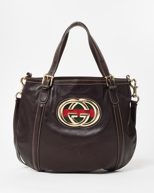 Gucci Vintage Brown Leather Silver GG Logo 
Web Shoulder Bag W/ Strap