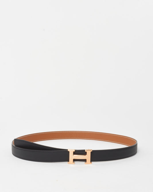 Hermès Black/Gold (Tan) Swift 
Epsom Leather Reversible 24MM H Belt RGH - 95