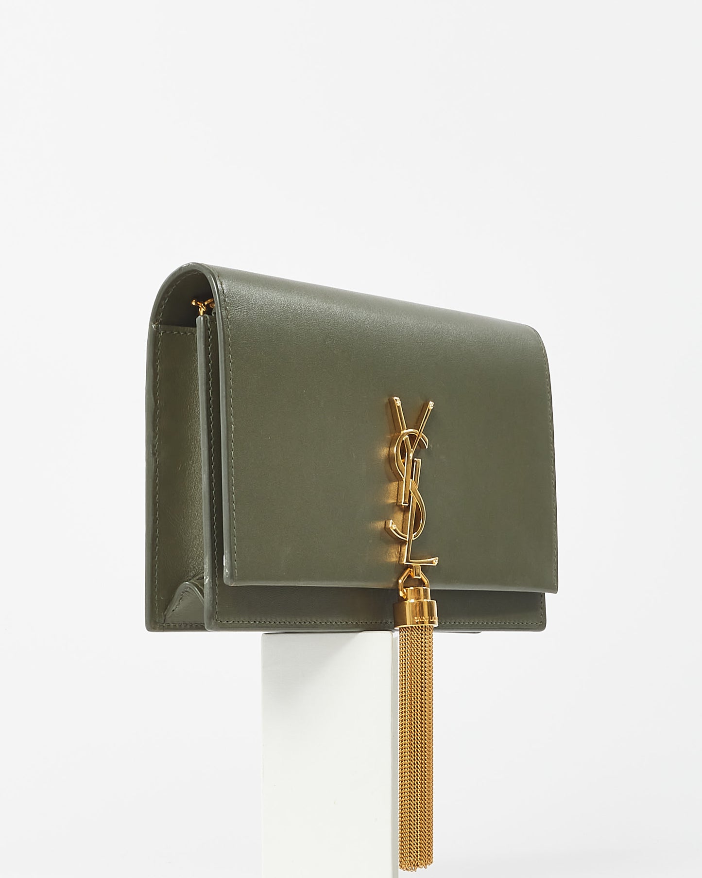 Saint Laurent Army Green Leather Kate Chain Tassel Wallet On Chain