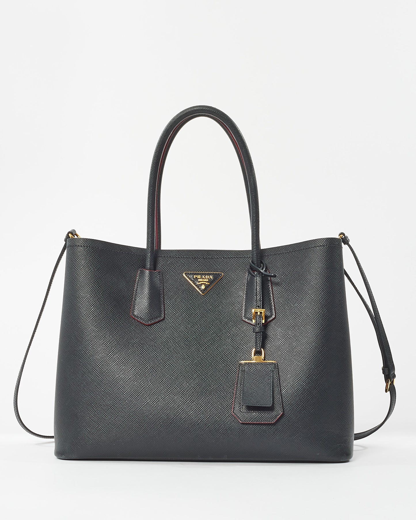 Prada Black Saffiano Leather With Red Interior Medium Double Tote