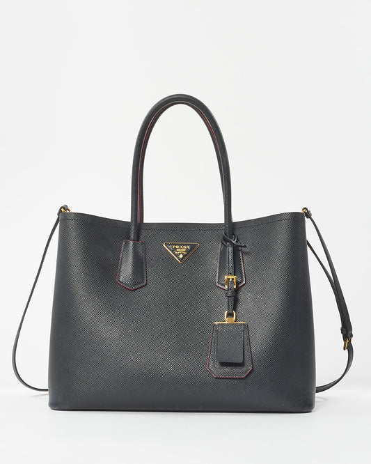 Prada Black Saffiano Leather With Red Interior Medium Double Tote