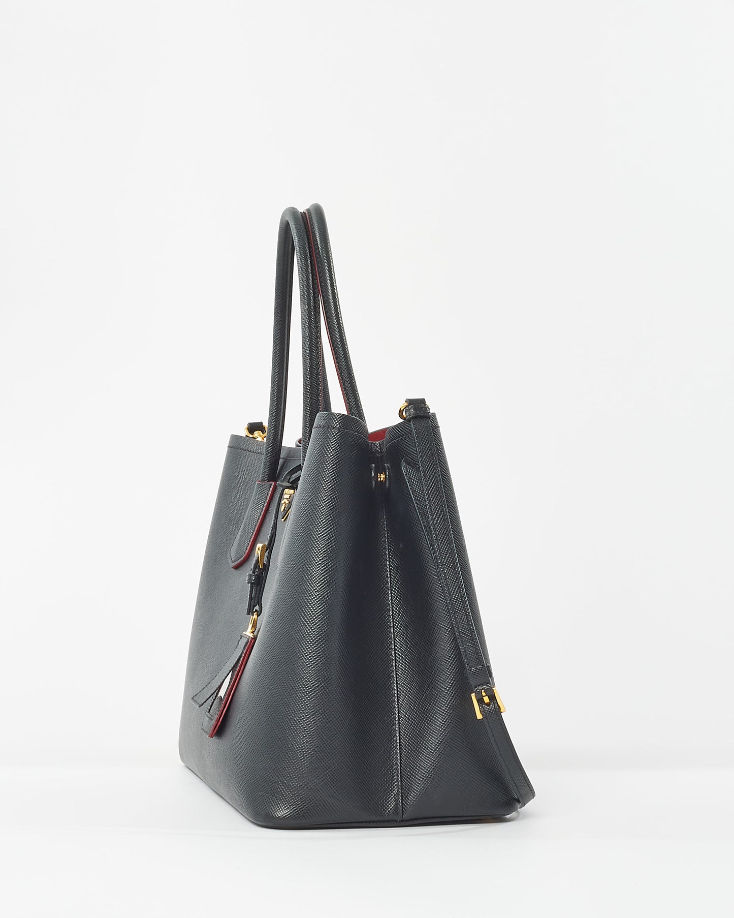 Prada Black Saffiano Leather With Red Interior Medium Double Tote