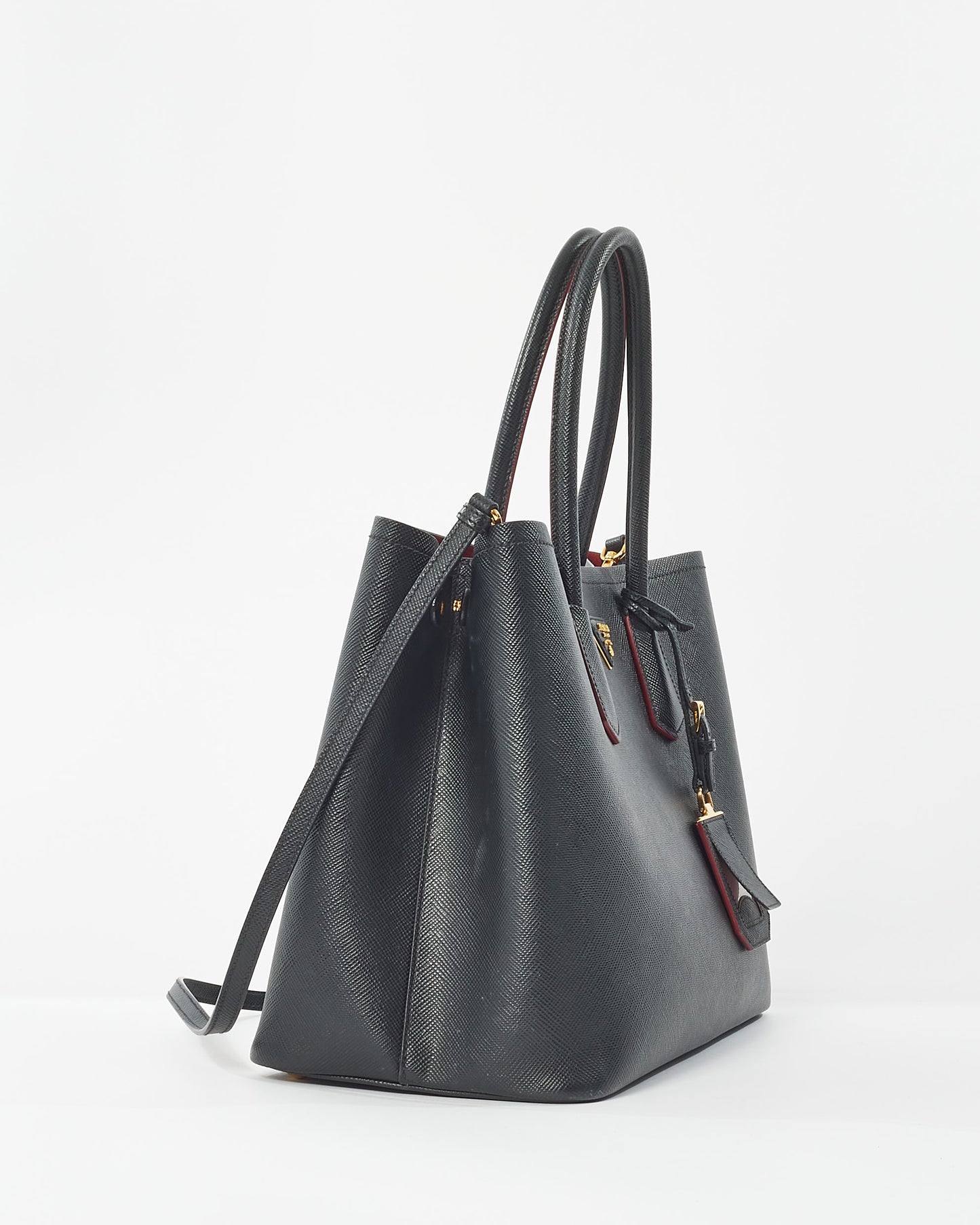 Prada Black Saffiano Leather With Red Interior Medium Double Tote