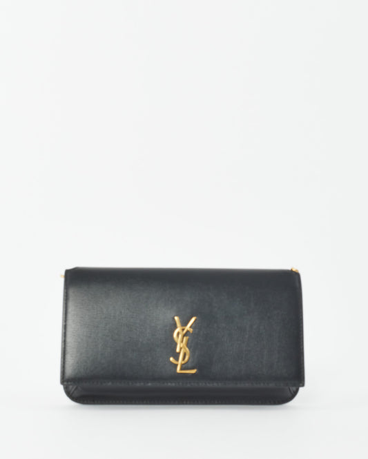 Saint Laurent Black Leather Cassandre Phone Holder Crossbody Bags