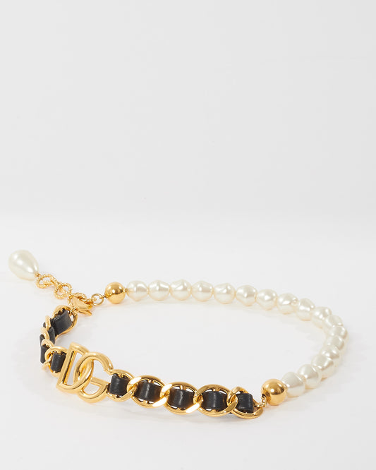 Dolce 
Gabbana Gold Leather 
Pearl Logo Choker Necklace