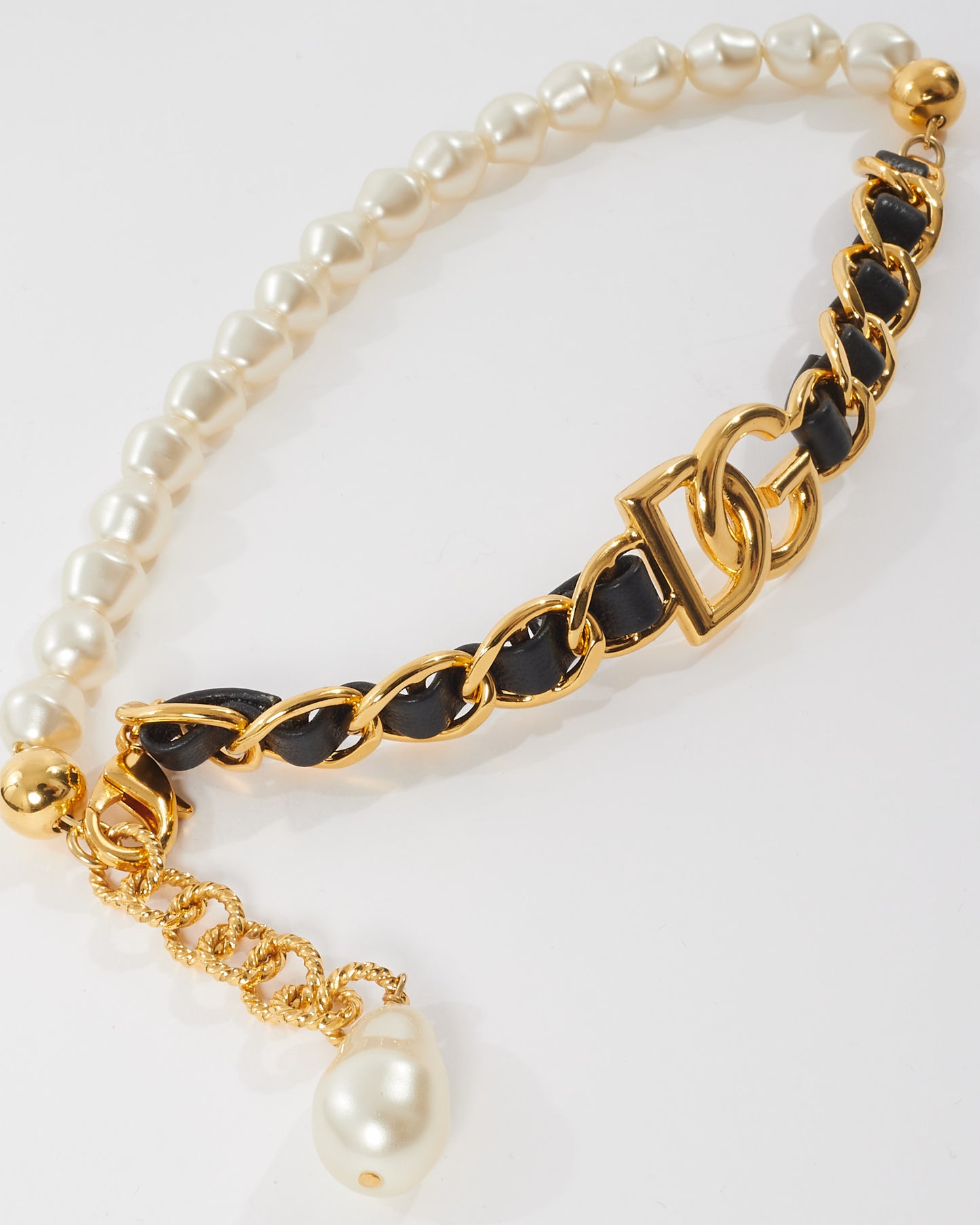 Dolce 
Gabbana Gold Leather 
Pearl Logo Choker Necklace