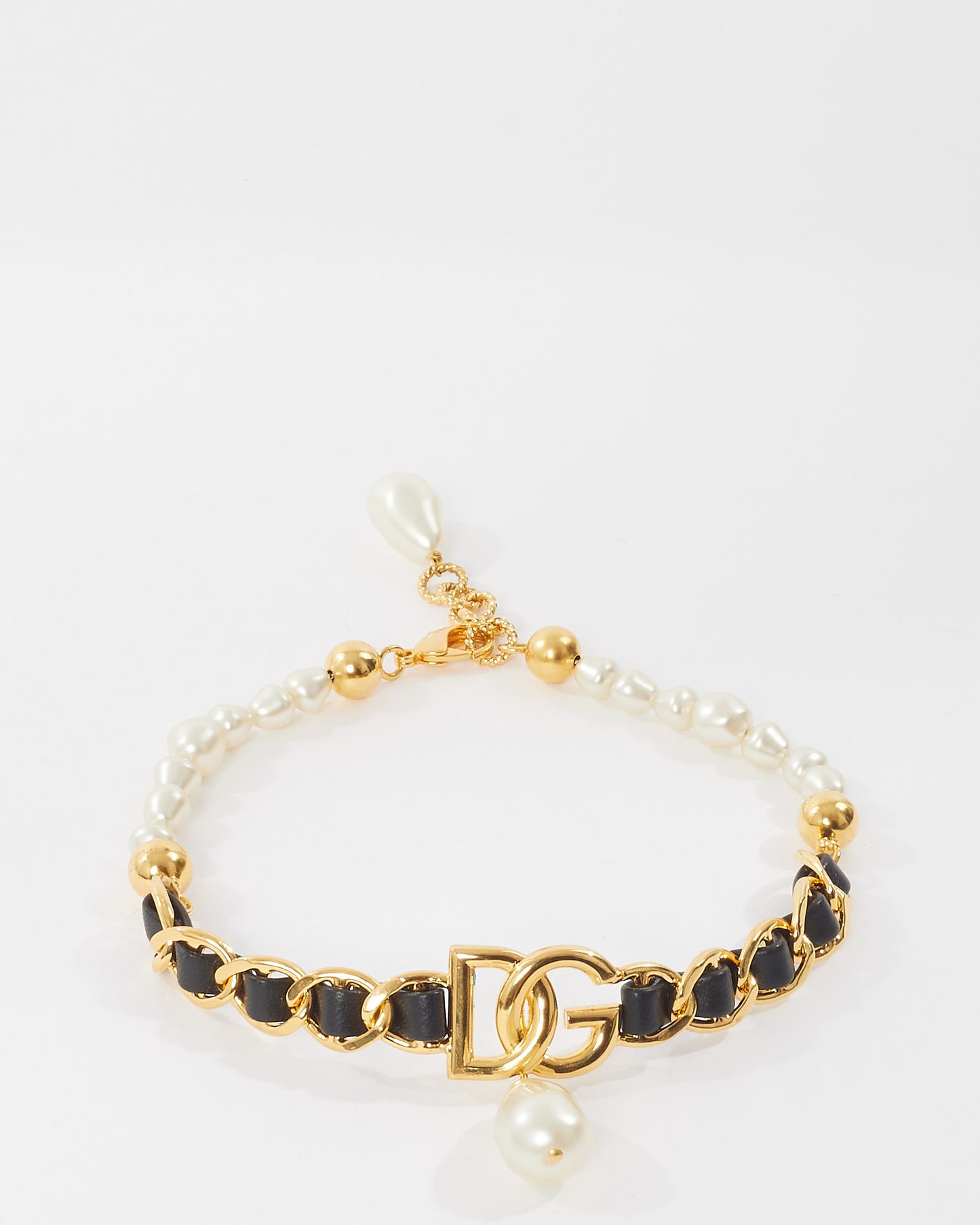 Dolce 
Gabbana Gold Leather and Pearl Logo Pearl Dangle Choker Necklace