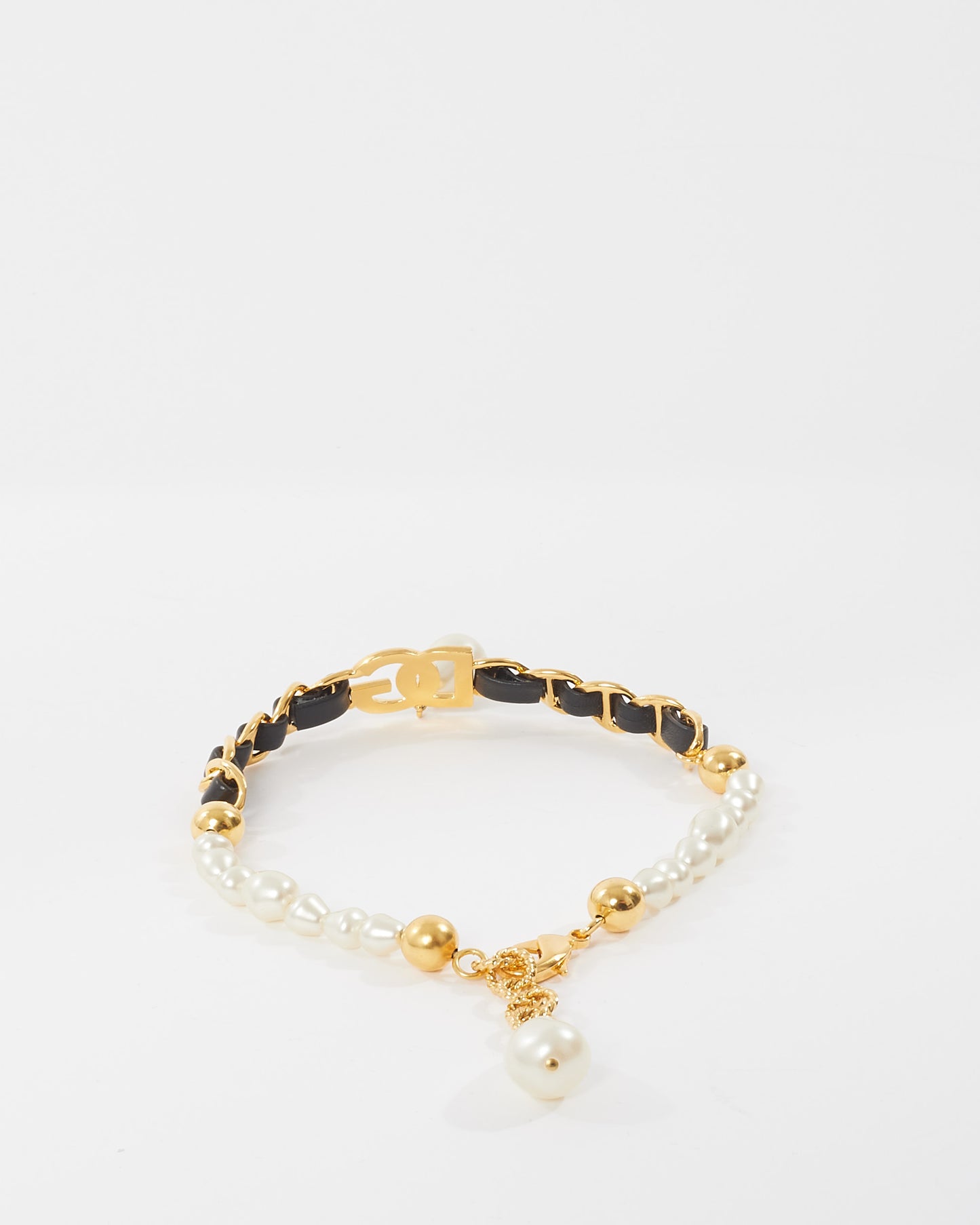 Dolce 
Gabbana Gold Leather and Pearl Logo Pearl Dangle Choker Necklace