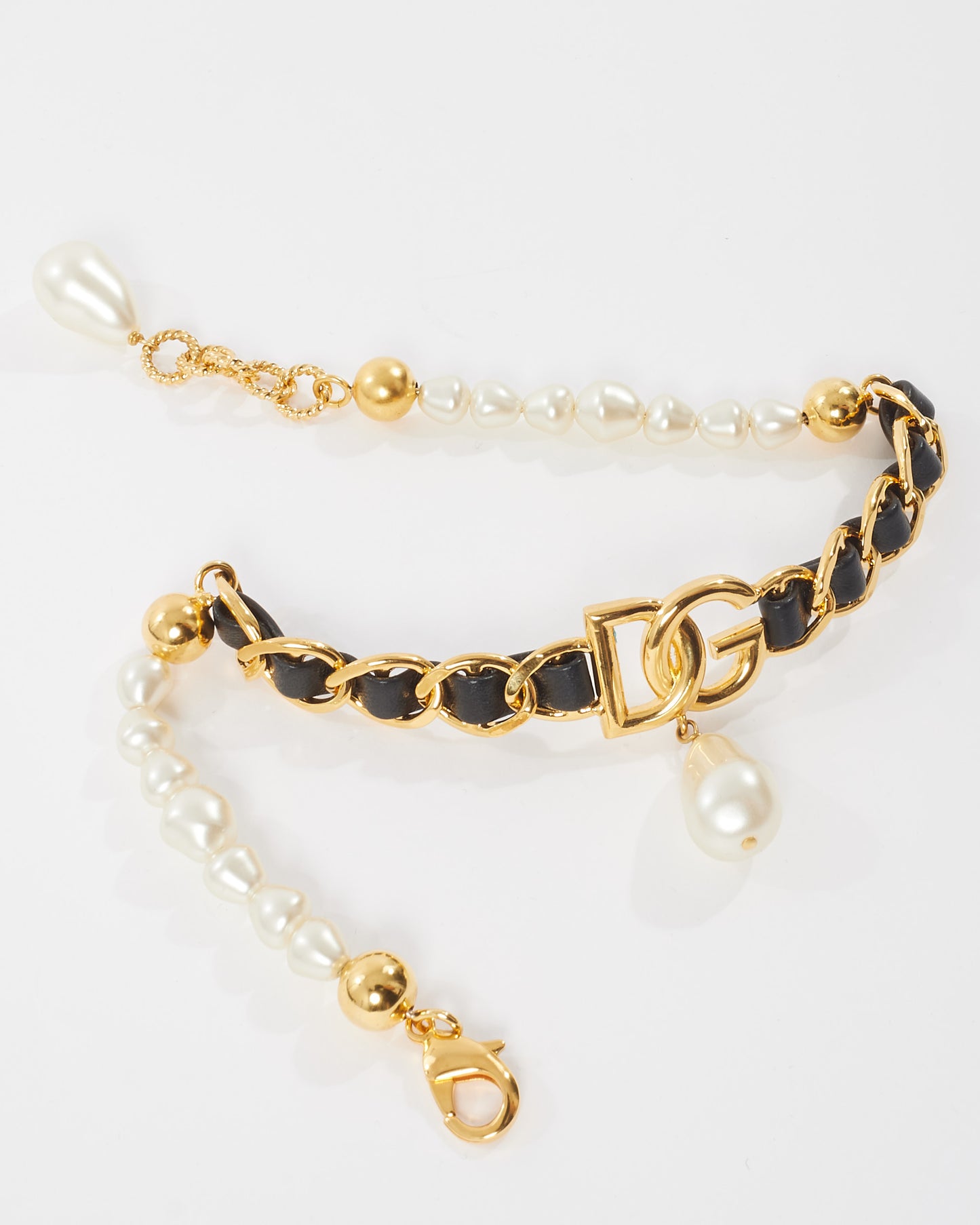 Dolce 
Gabbana Gold Leather and Pearl Logo Pearl Dangle Choker Necklace