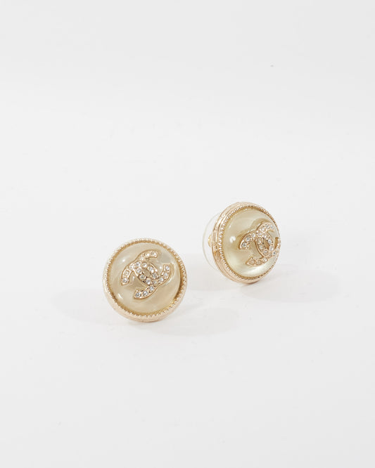 Chanel Gold 
White Ceramic Enamel Logo Earrings