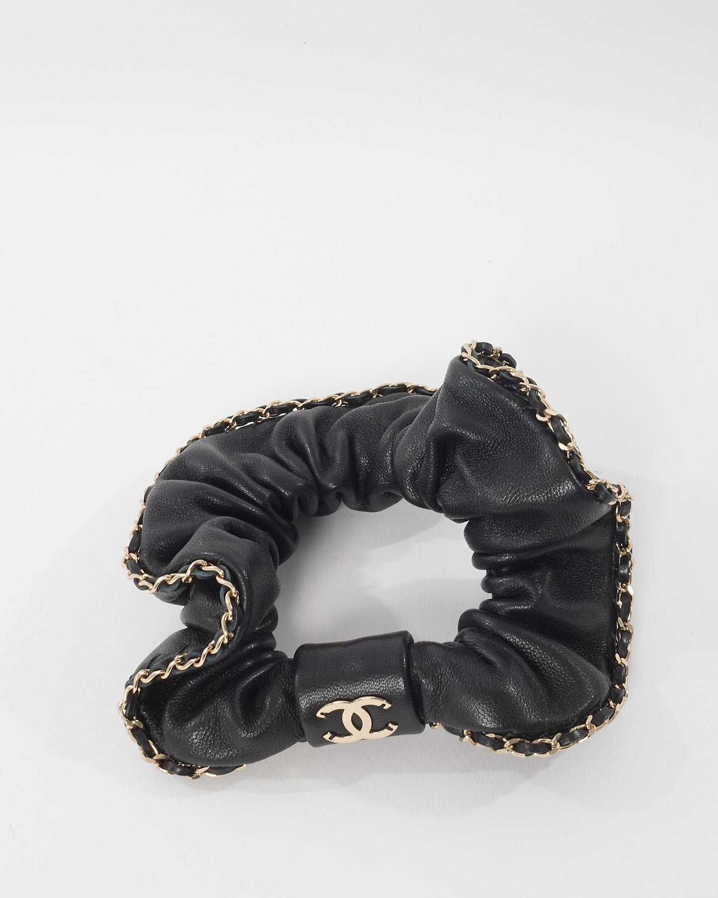 Chanel Black Leather 
Chain CC Scrunchie