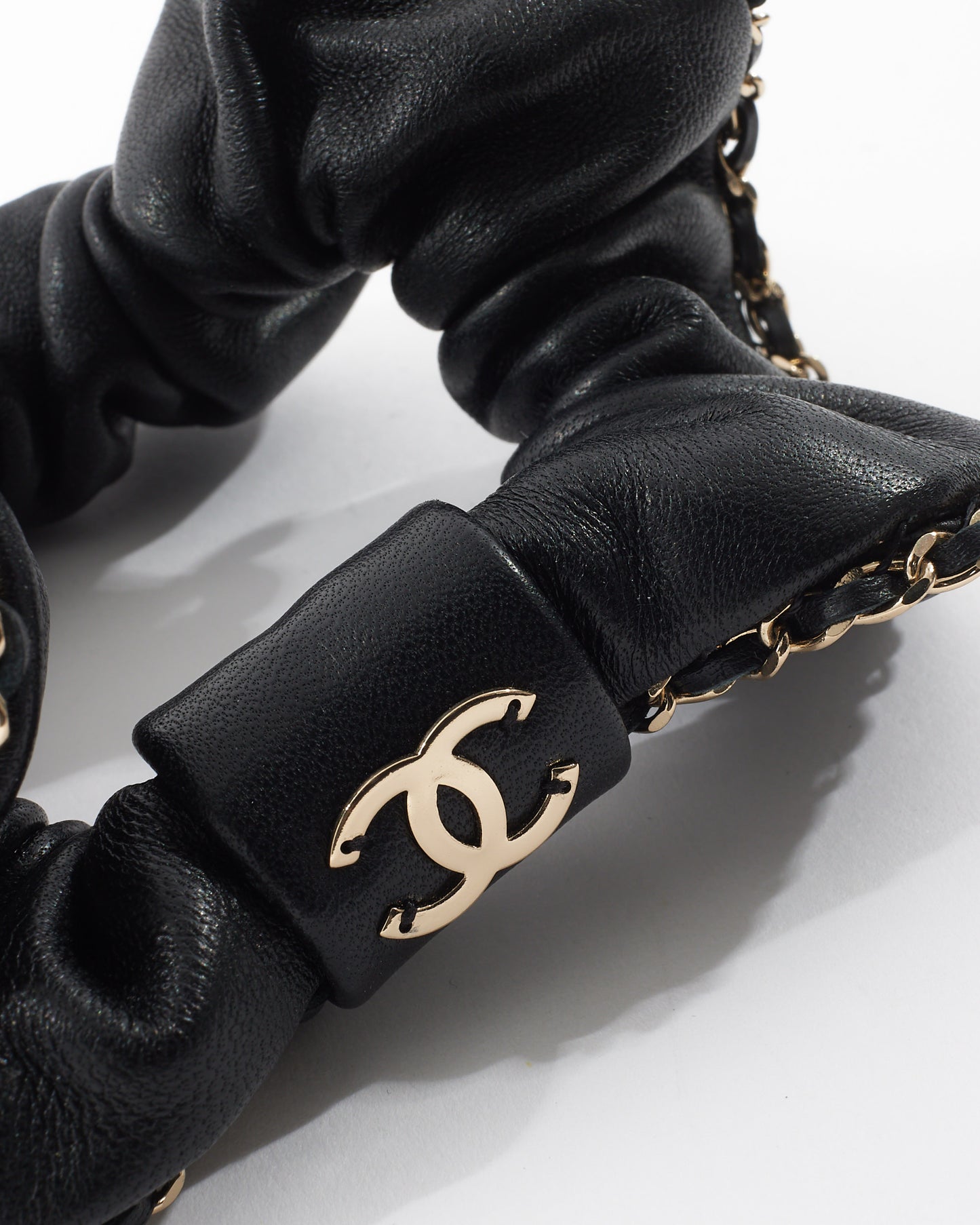 Chanel Black Leather 
Chain CC Scrunchie