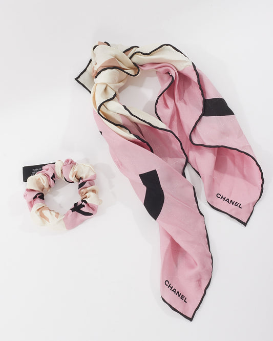 Chanel Pink 
Black Silk Hair Scarf Scrunchie