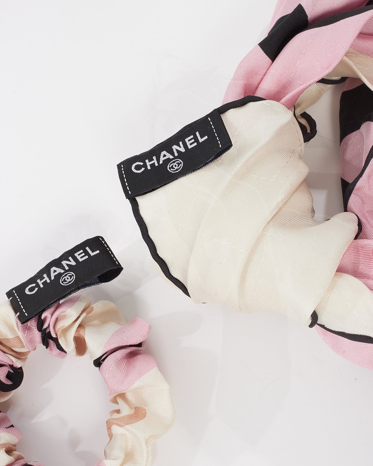 Chanel Pink 
Black Silk Hair Scarf Scrunchie