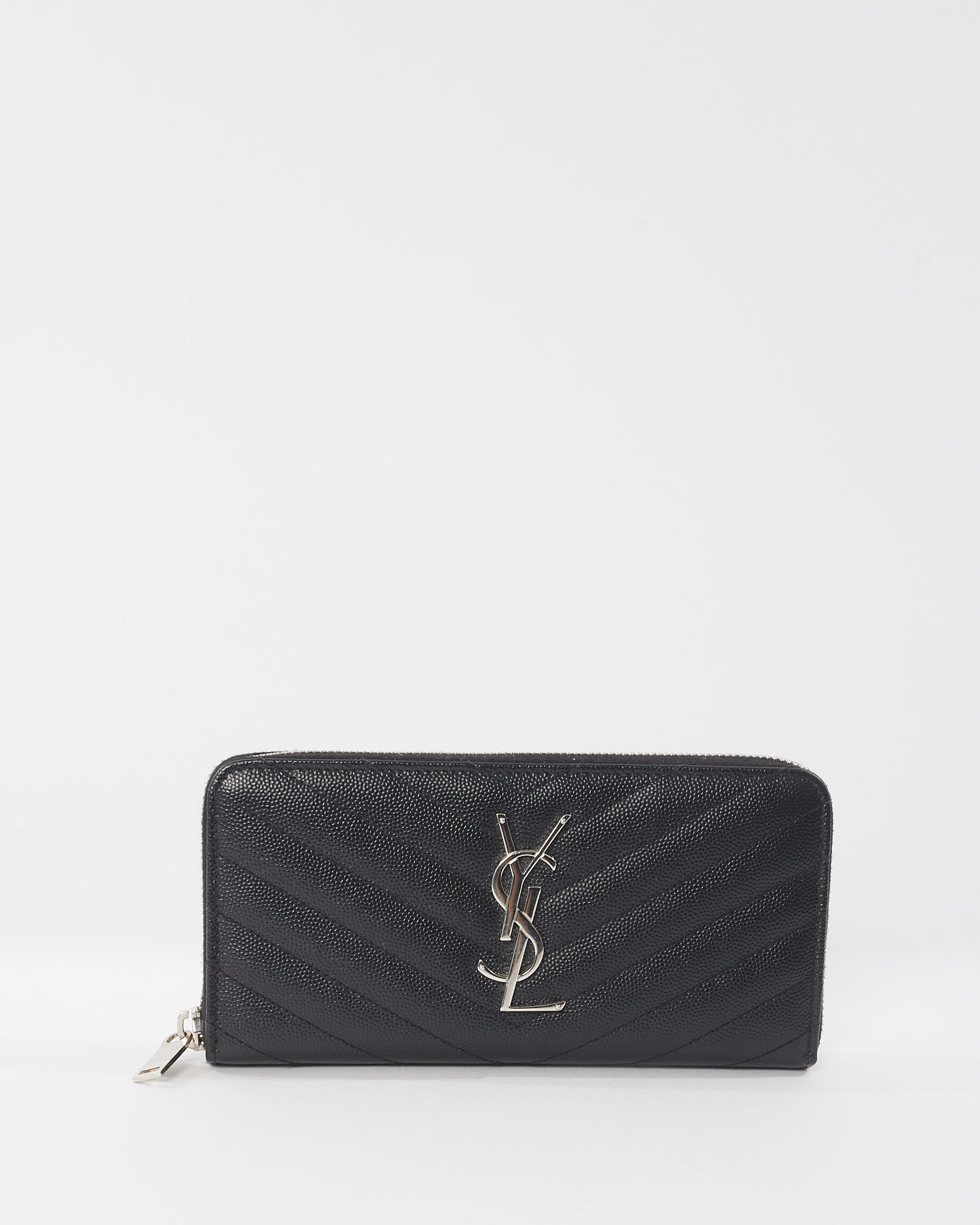 Saint Laurent Black Grain De Poudre  Matelassé Cassandre Logo Zip Around Wallet