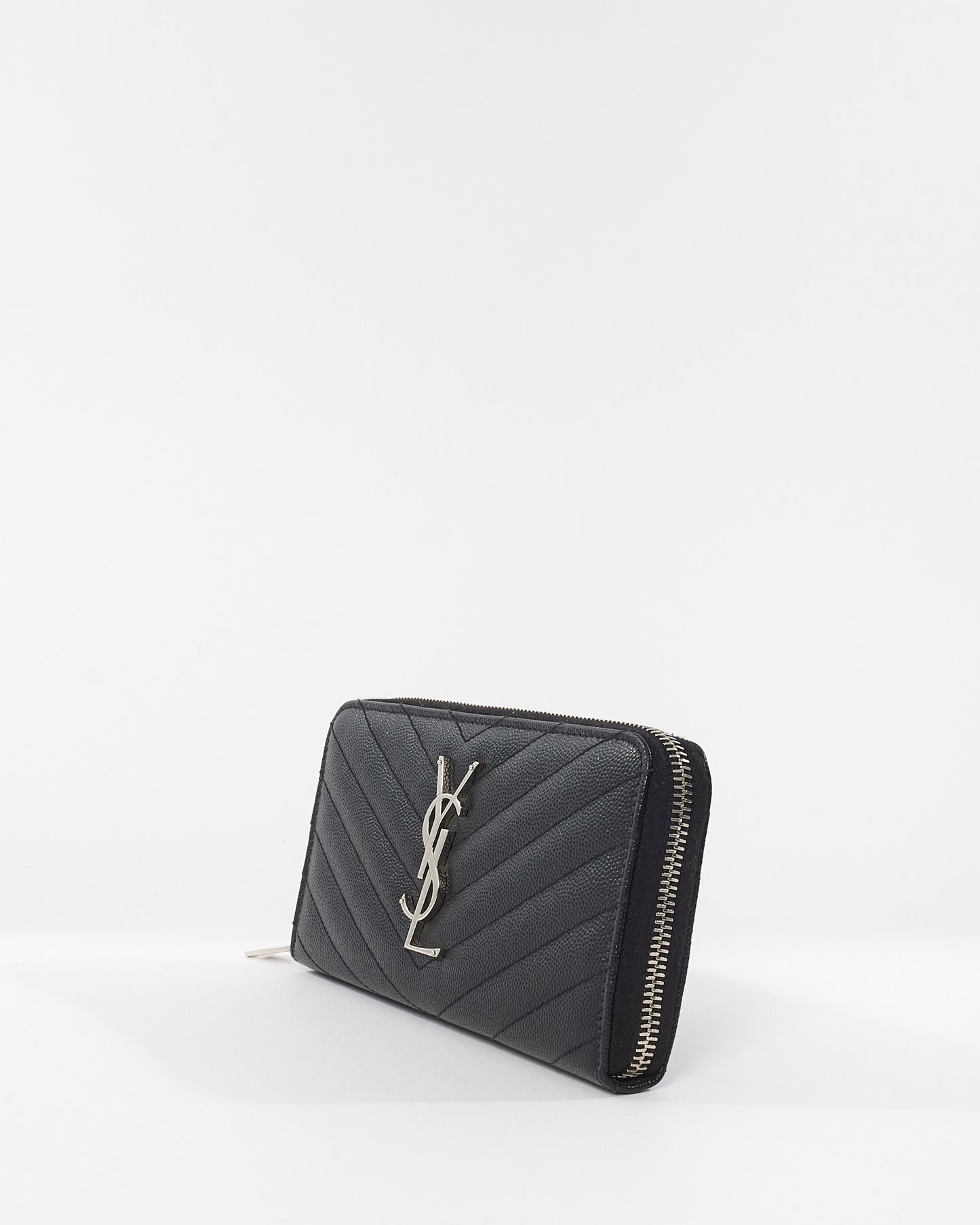 Saint Laurent Black Grain De Poudre  Matelassé Cassandre Logo Zip Around Wallet