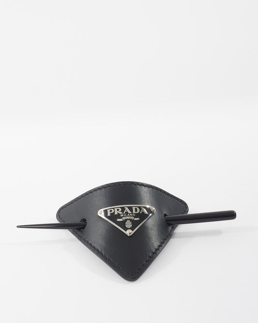 Prada Black Leather Logo Hair Stick Clip