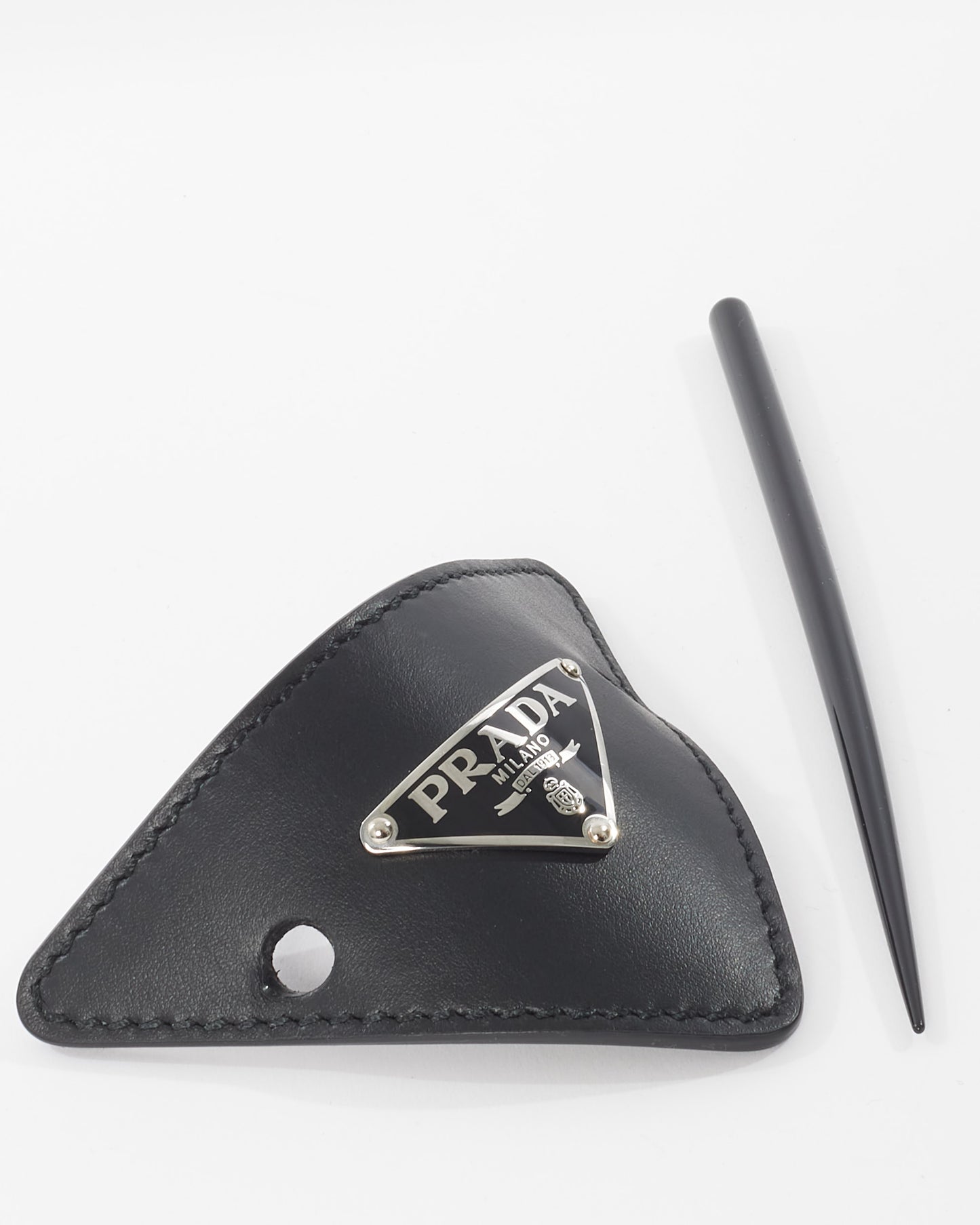 Prada Black Leather Logo Hair Stick Clip