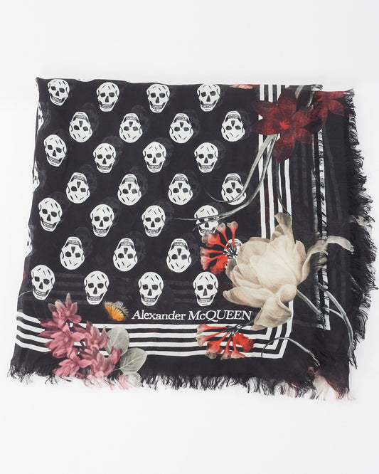 Alexander McQueen Black Skull 
Pink Floral Print Scarf