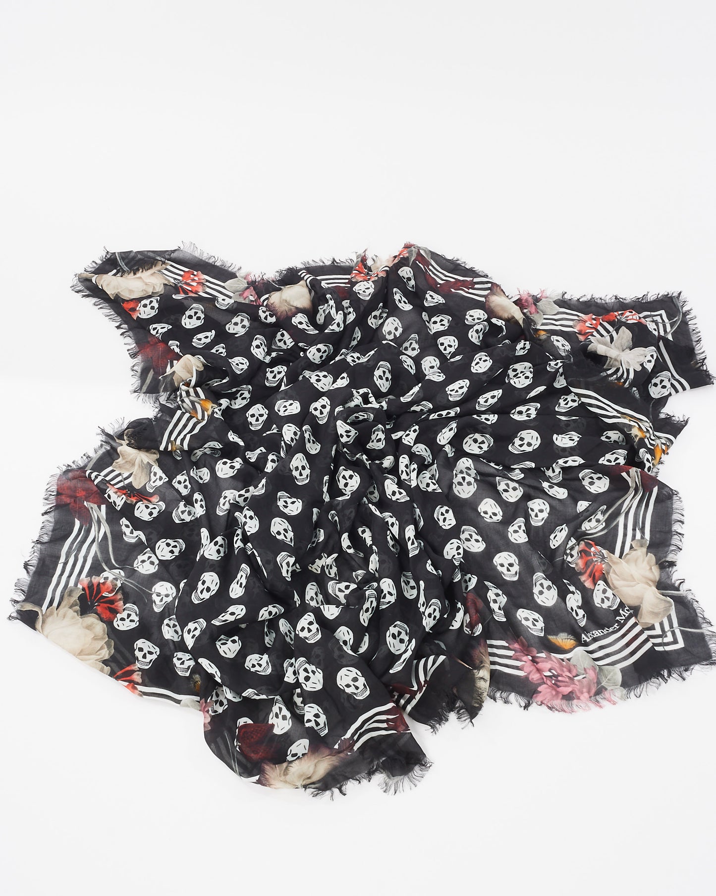 Alexander McQueen Black Skull 
Pink Floral Print Scarf