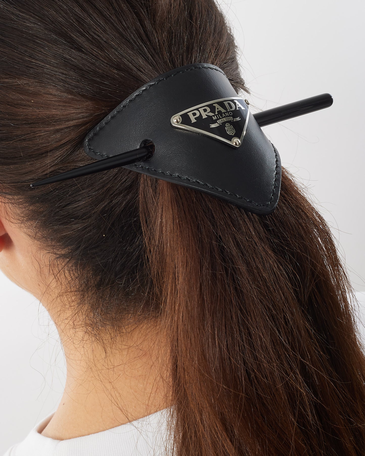 Prada Black Leather Logo Hair Stick Clip