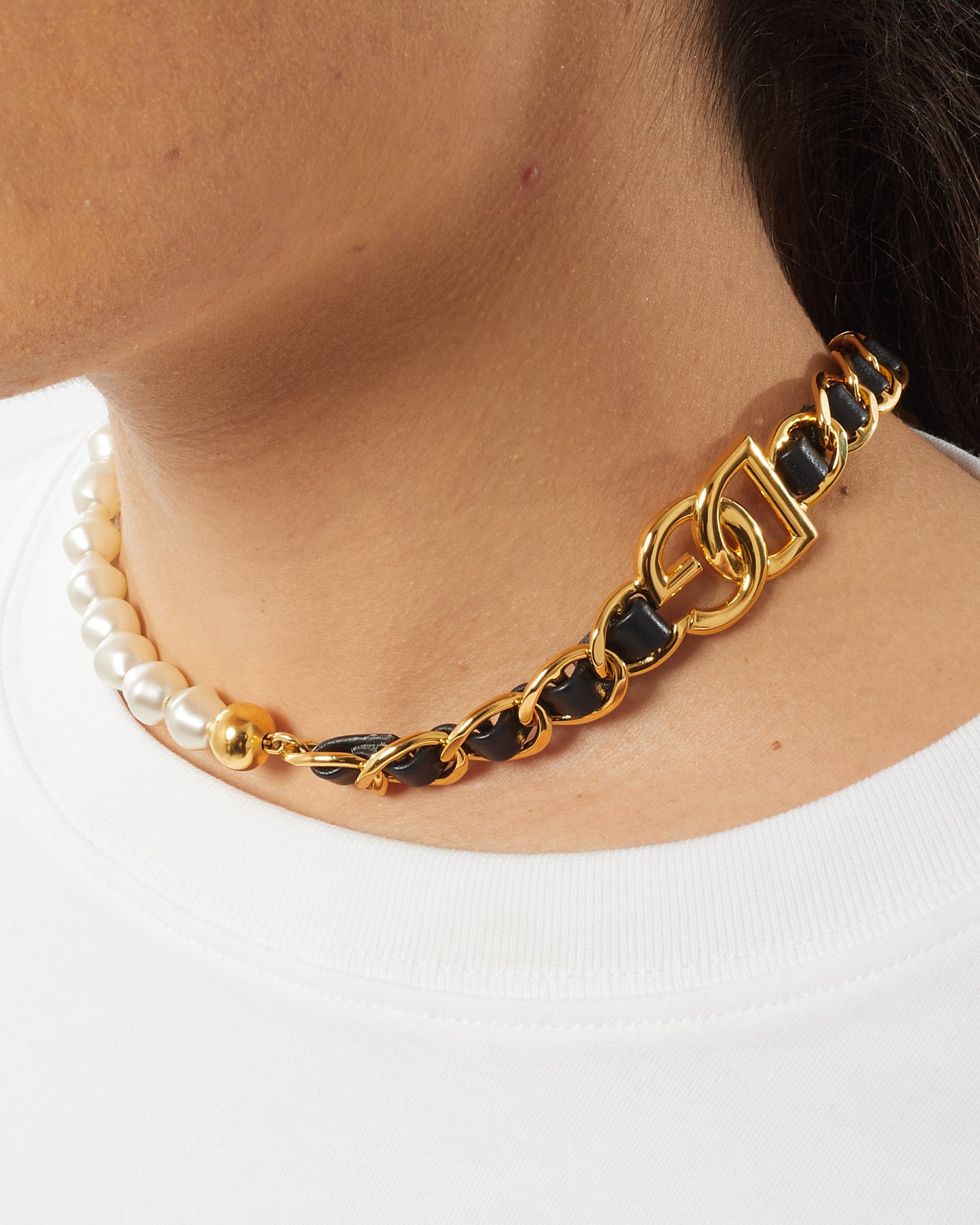 Dolce 
Gabbana Gold Leather 
Pearl Logo Choker Necklace