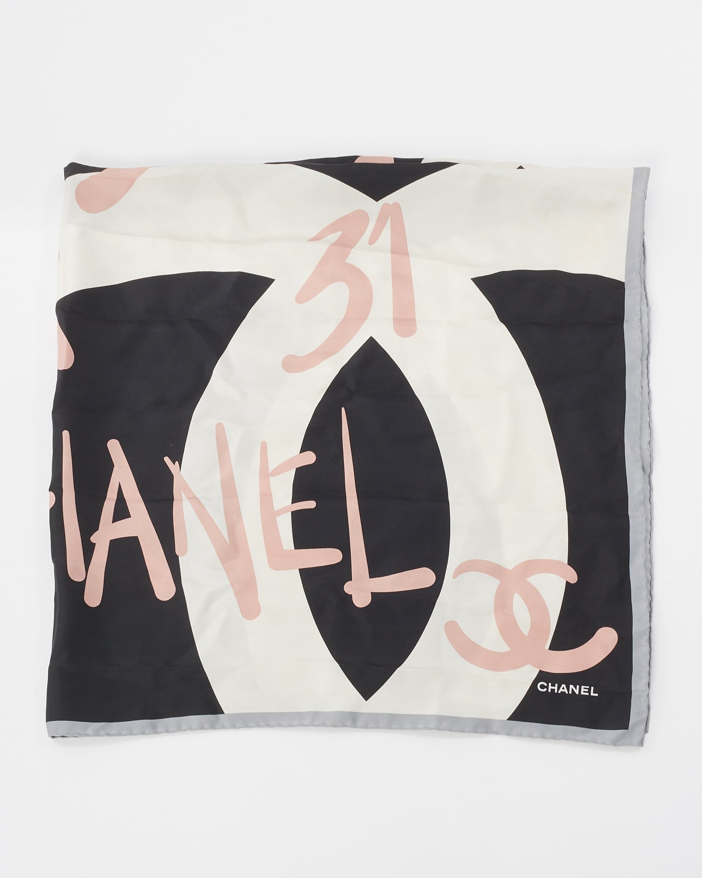 Chanel White Pink 
Black Silk CC Logo Square Scarf