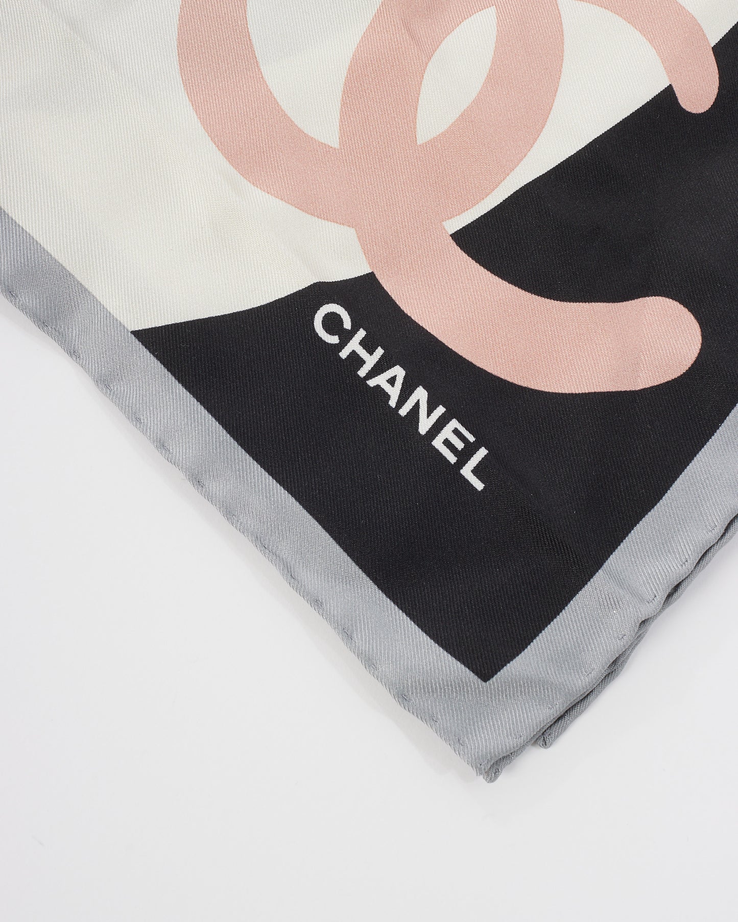 Chanel White Pink 
Black Silk CC Logo Square Scarf