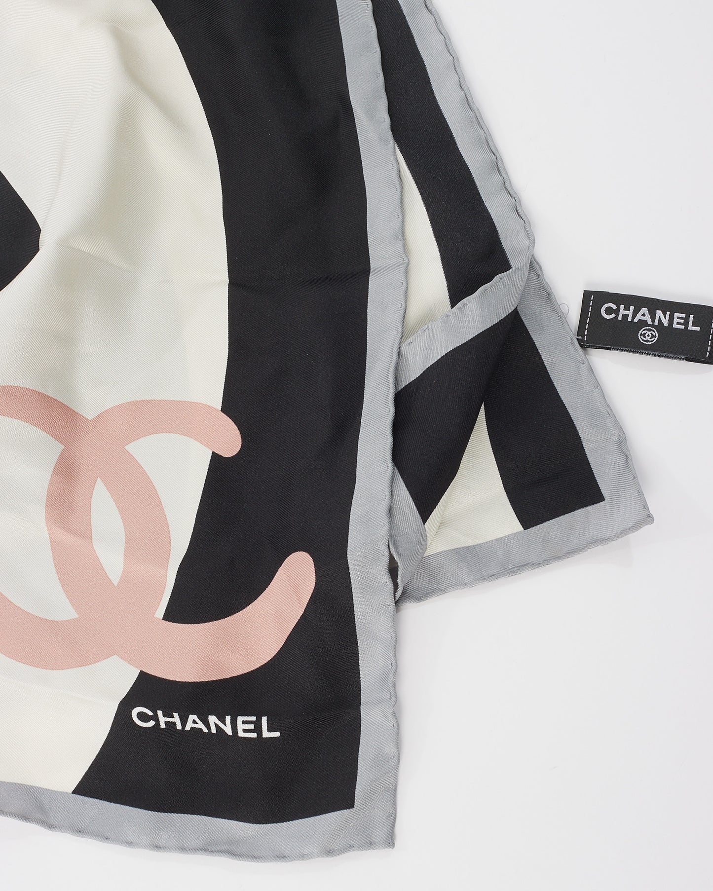 Chanel White Pink 
Black Silk CC Logo Square Scarf