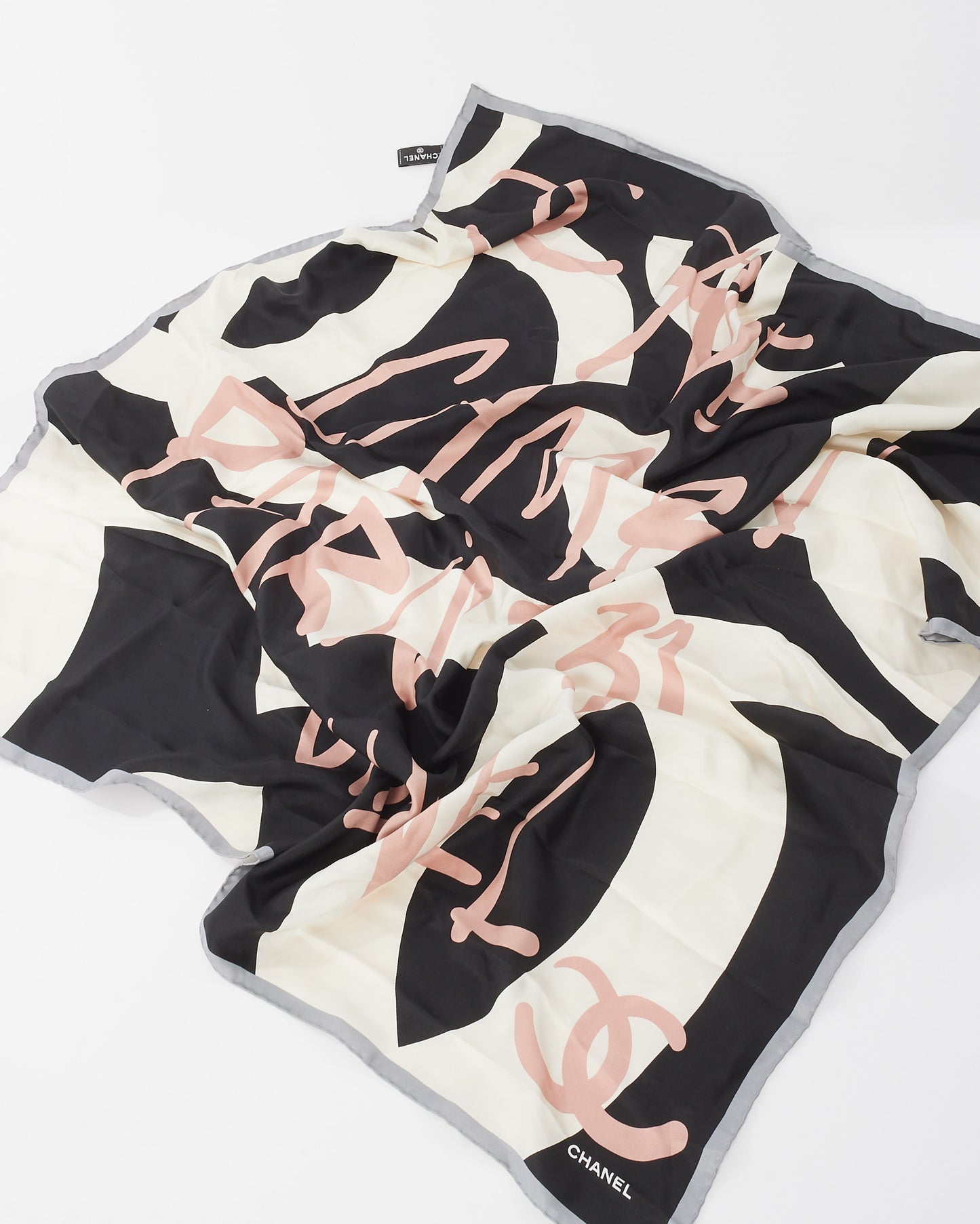 Chanel White Pink 
Black Silk CC Logo Square Scarf