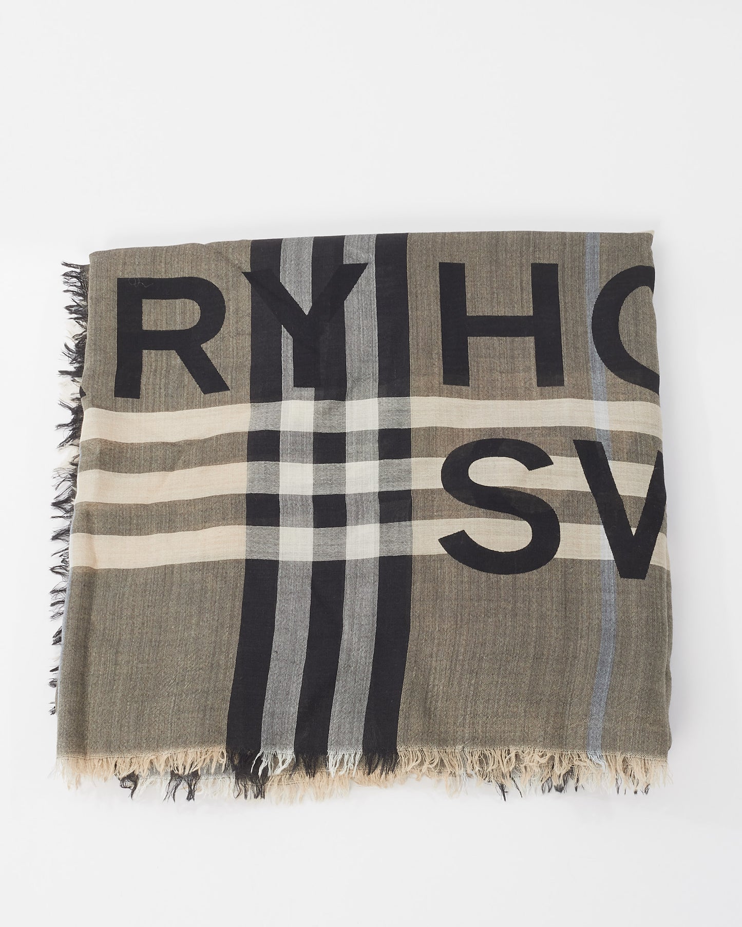 Burberry Grey Plaid Logo Fabric Scarf