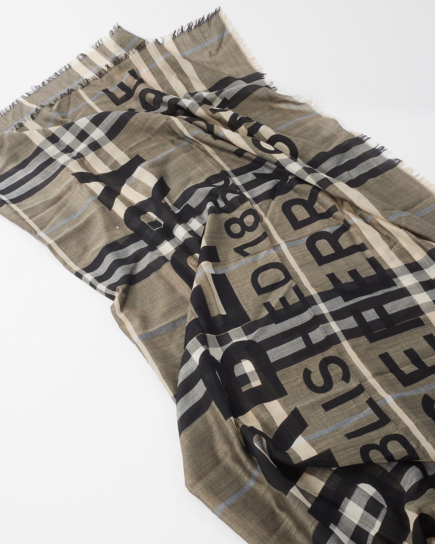 Burberry Grey Plaid Logo Fabric Scarf