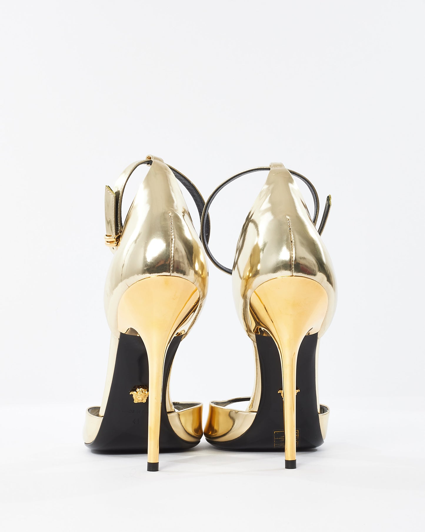 Versace Gold Patent Leather Ankle Strap Stiletto Sandals - 41