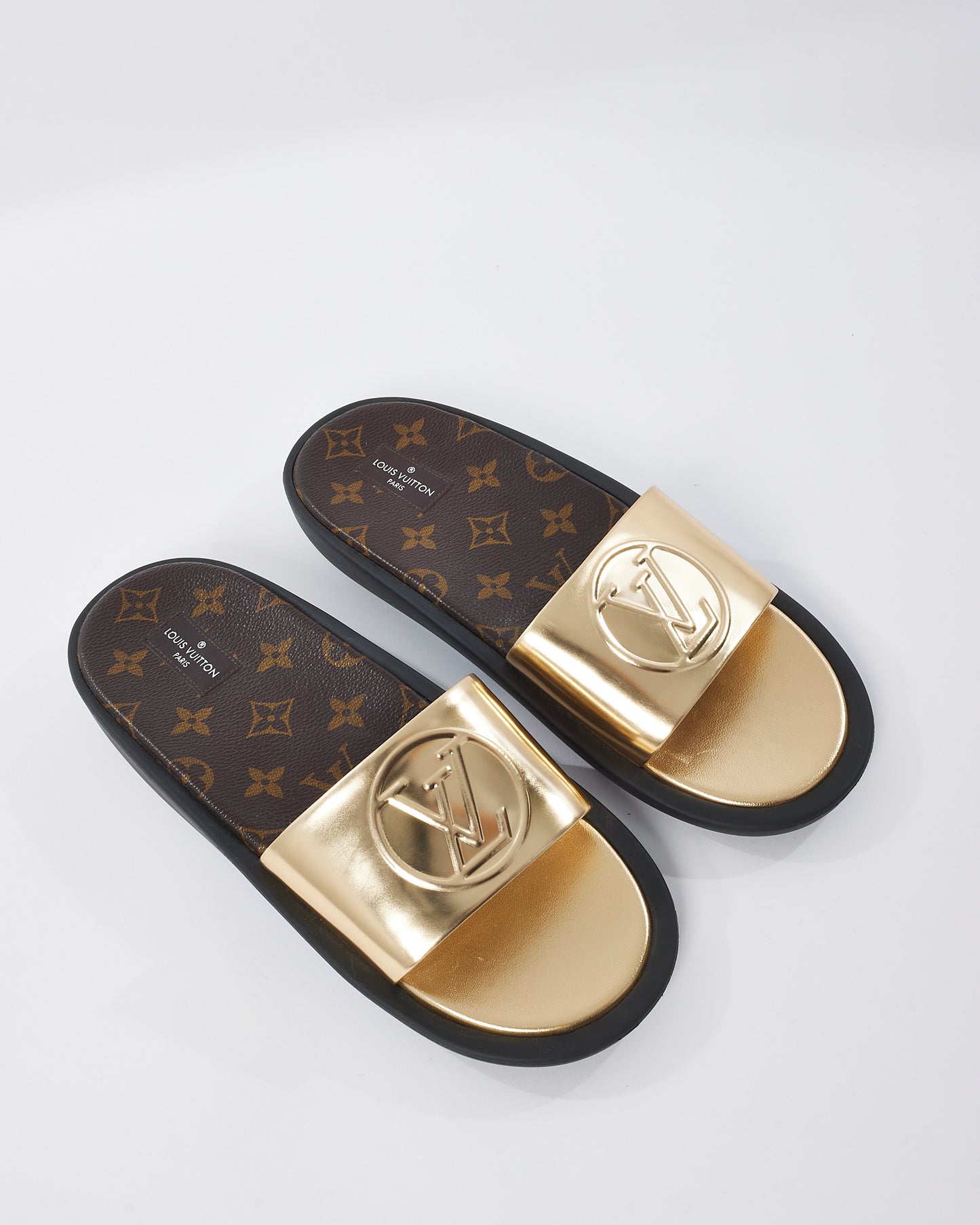 Louis Vuitton Monogram 
Gold Mule Slides - 41