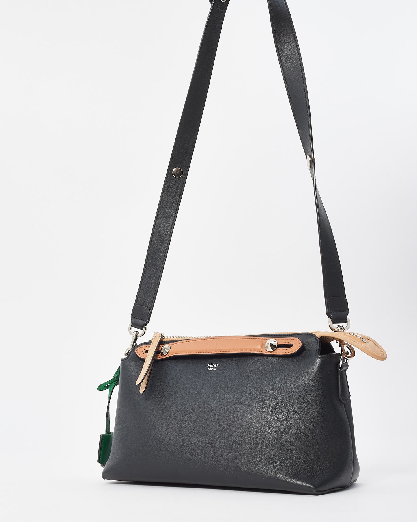 Fendi Black Green 
Brown Leather "By The Way" Bowling Bag