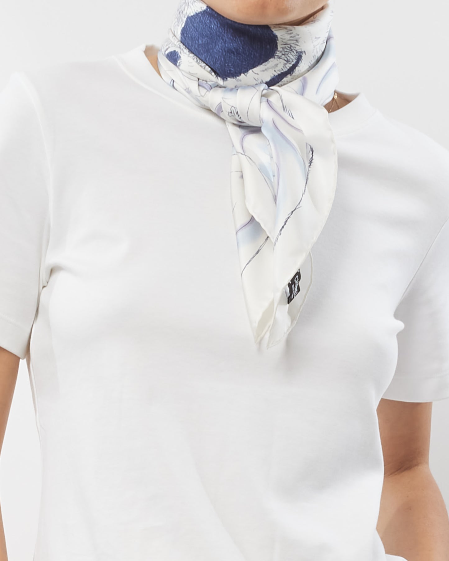 Chanel White 
Blue Polar Bear Camellia Logo Silk Scarf