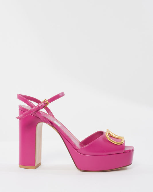 Valentino Pink Leather Signature VLogo Platform Sandals - 41