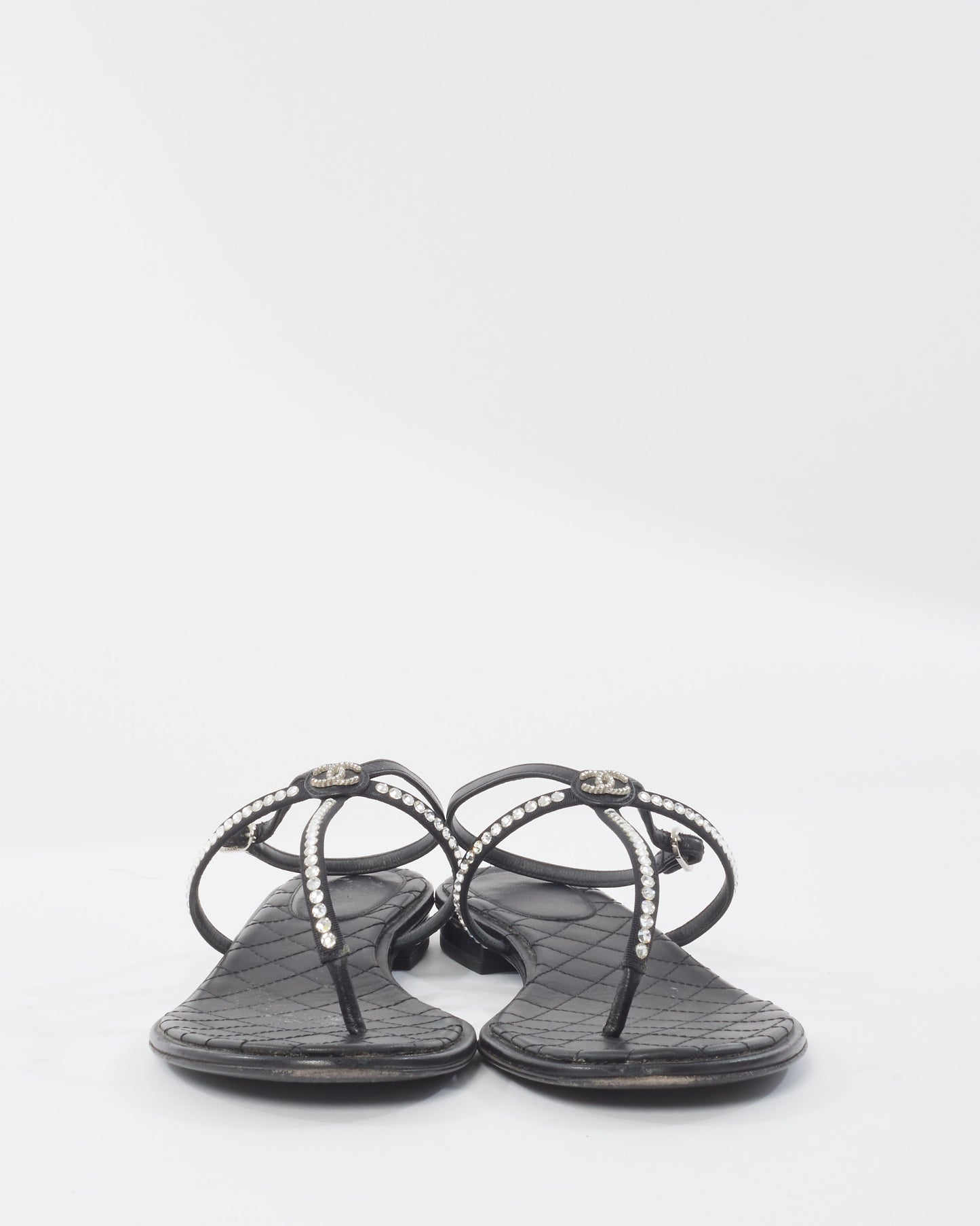 Chanel Black 
Rhinestone Logo Thong Strappy Sandals - 40