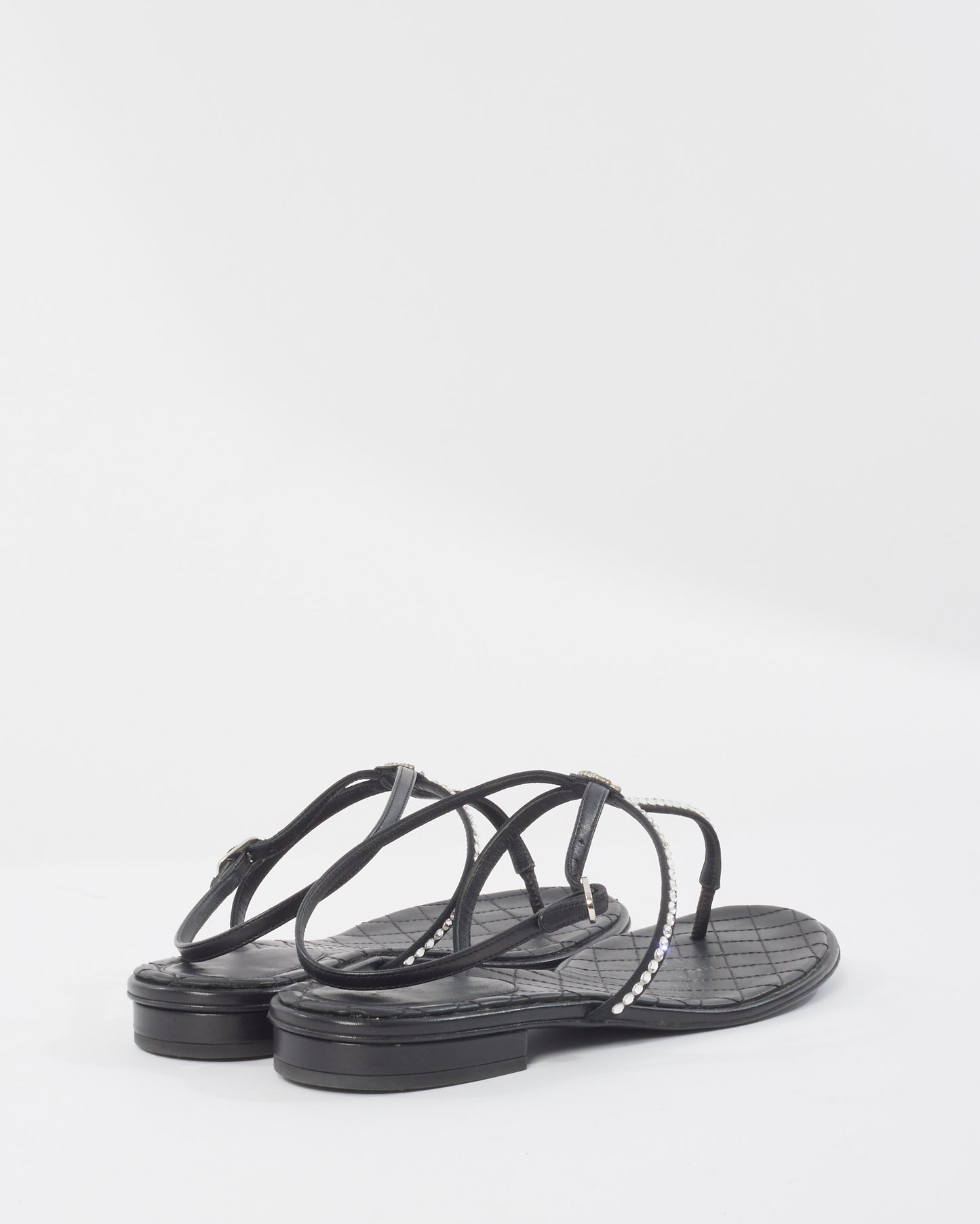 Chanel Black 
Rhinestone Logo Thong Strappy Sandals - 40