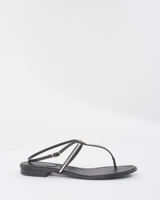 Chanel Black 
Rhinestone Logo Thong Strappy Sandals - 40